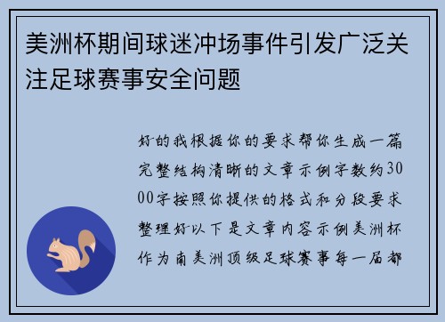 美洲杯期间球迷冲场事件引发广泛关注足球赛事安全问题 美洲杯期间球迷冲场事件引发广泛关注足球赛事安全问题